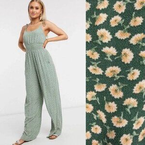 American Eagle Green Floral Smocked Tie Shoulder Sleeveless Jumpsuit Cottagecore